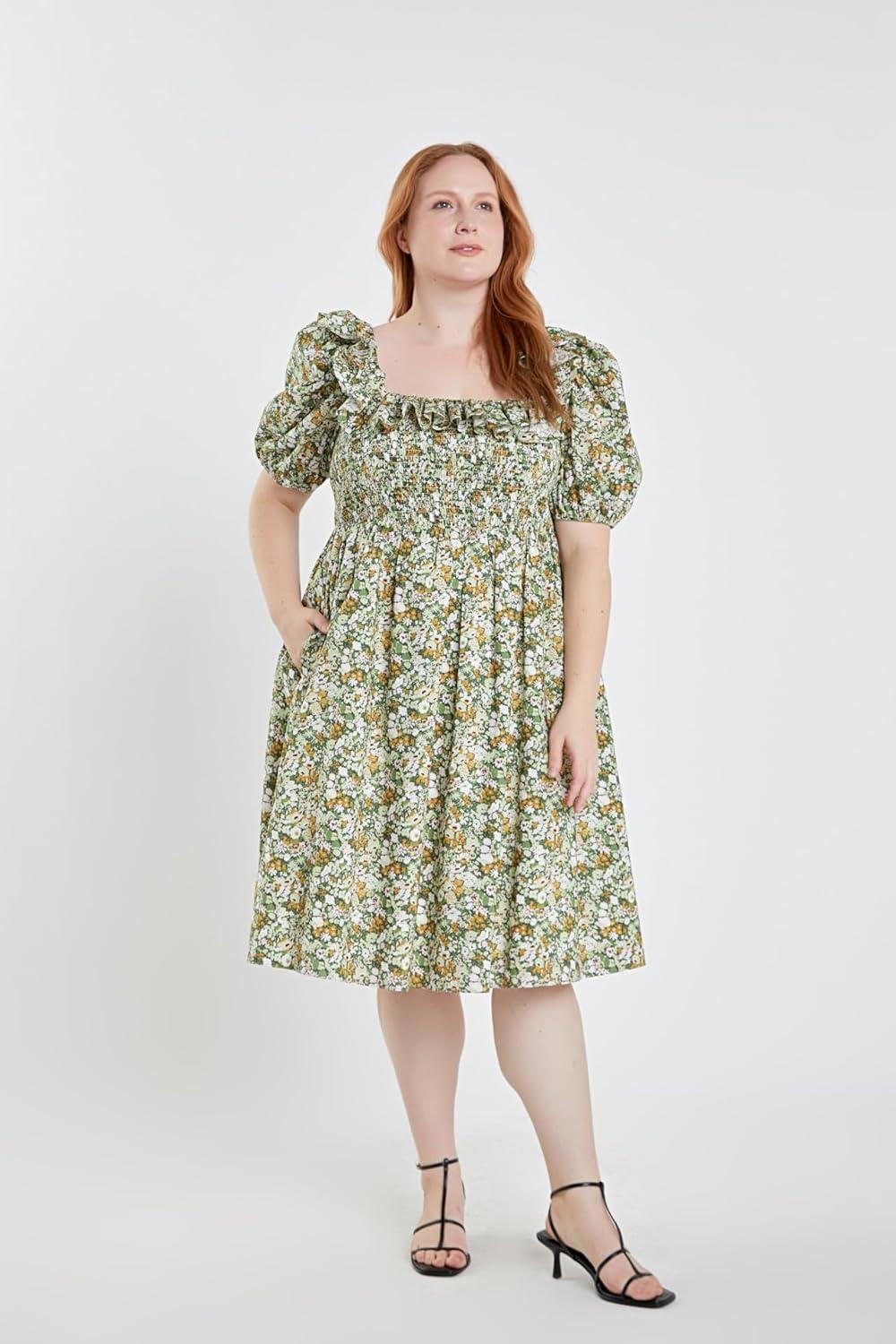 image:imageEnglish Factory Floral Print Smocked Puff Sleeve Mini Dress Green Multi 1X