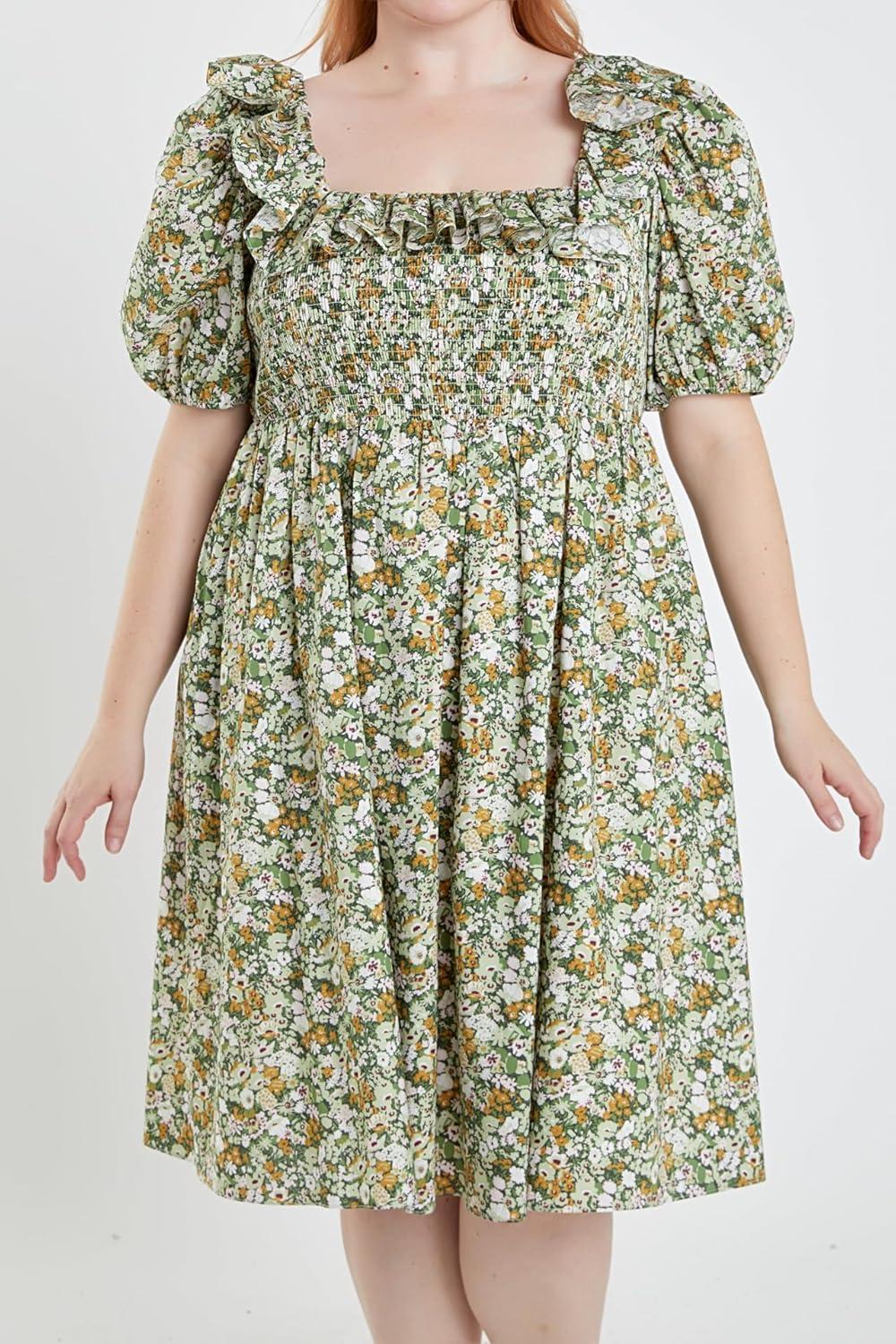 image:imageEnglish Factory Floral Print Smocked Puff Sleeve Mini Dress Green Multi 1X