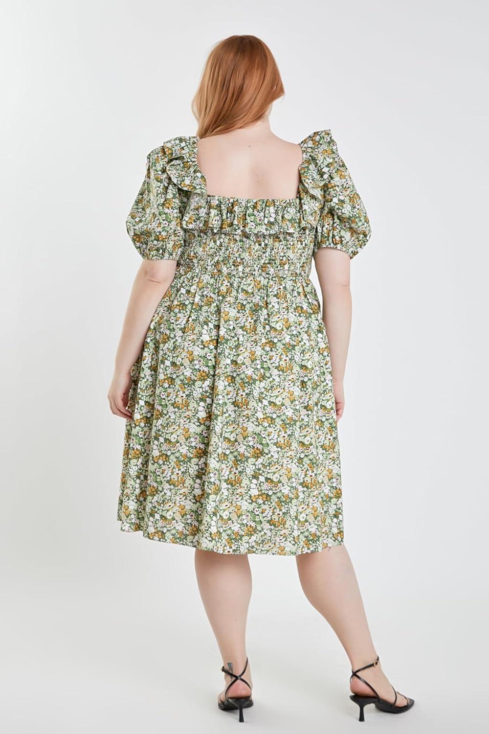 image:imageEnglish Factory Floral Print Smocked Puff Sleeve Mini Dress Green Multi 1X