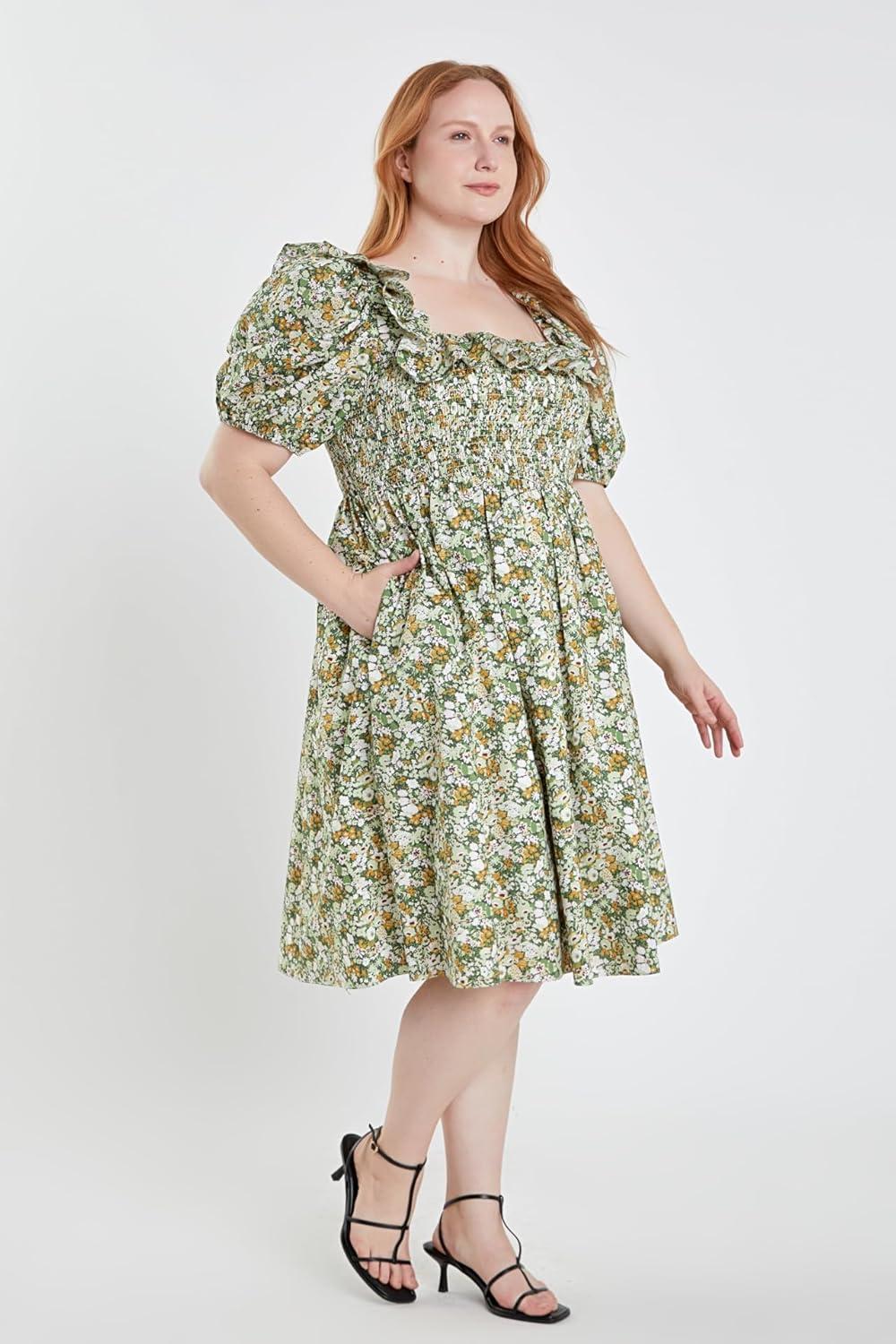 image:imageEnglish Factory Floral Print Smocked Puff Sleeve Mini Dress Green Multi 3X