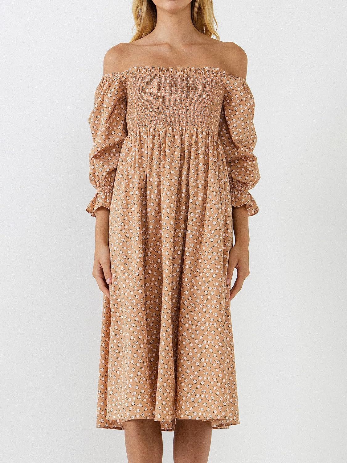 image:imageEnglish Factory Womens Floral Smocked Midi Dress Tan Multicolored XS