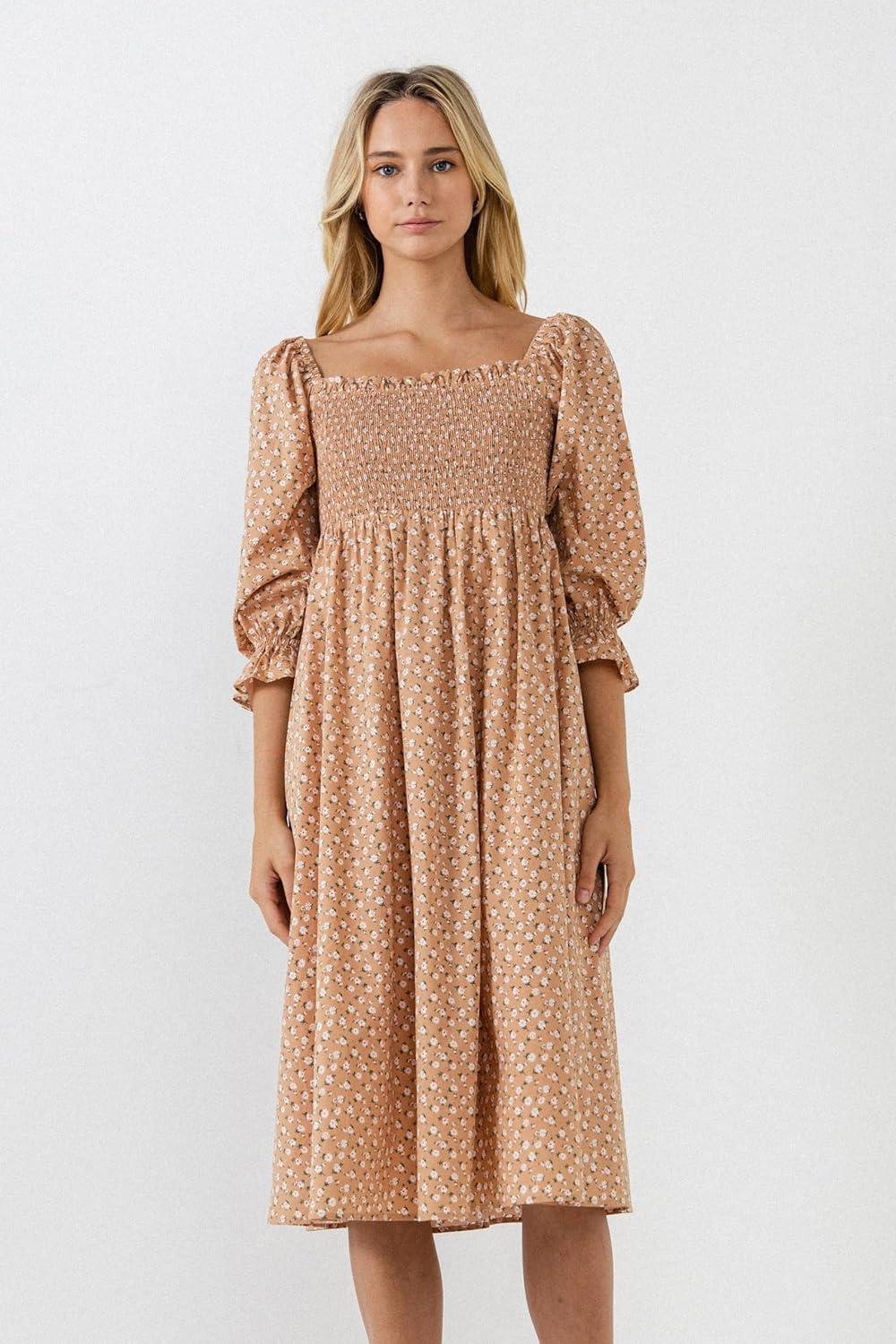 image:imageEnglish Factory Womens Floral Smocked Midi Dress Tan Multicolored XS