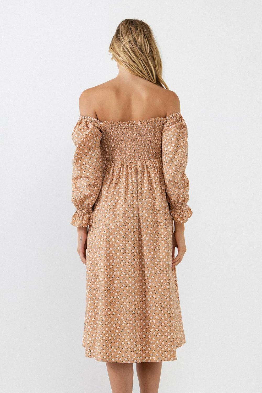 image:imageEnglish Factory Womens Floral Smocked Midi Dress Tan Multicolored XS