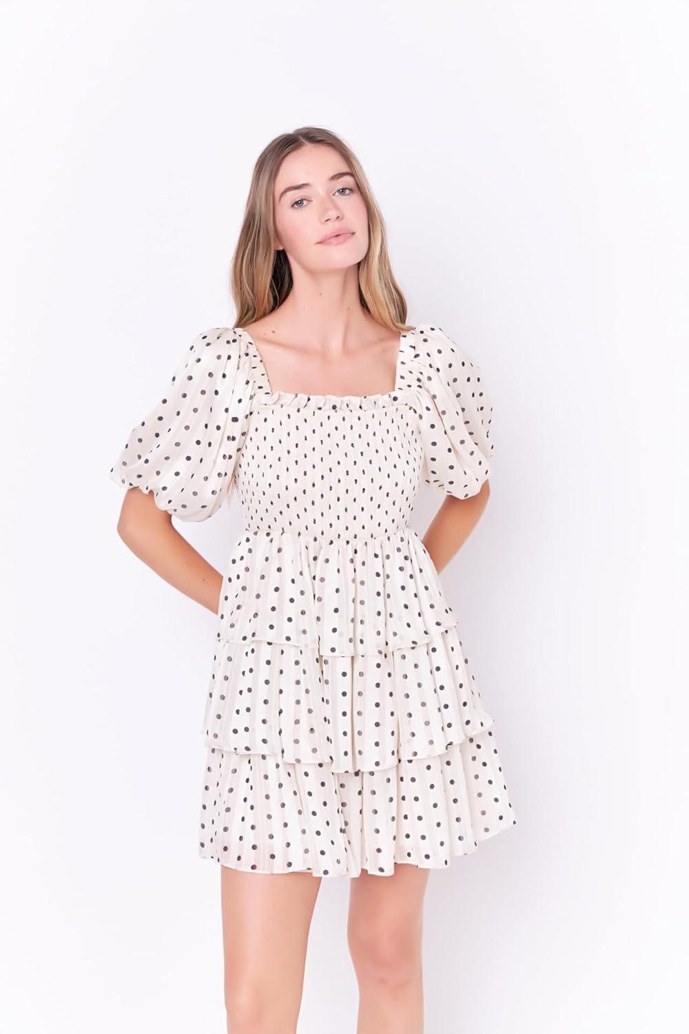 image:imageEnglish Factory Womens Polka Dot Lurex Multi Tiered Mini Dress Cream M