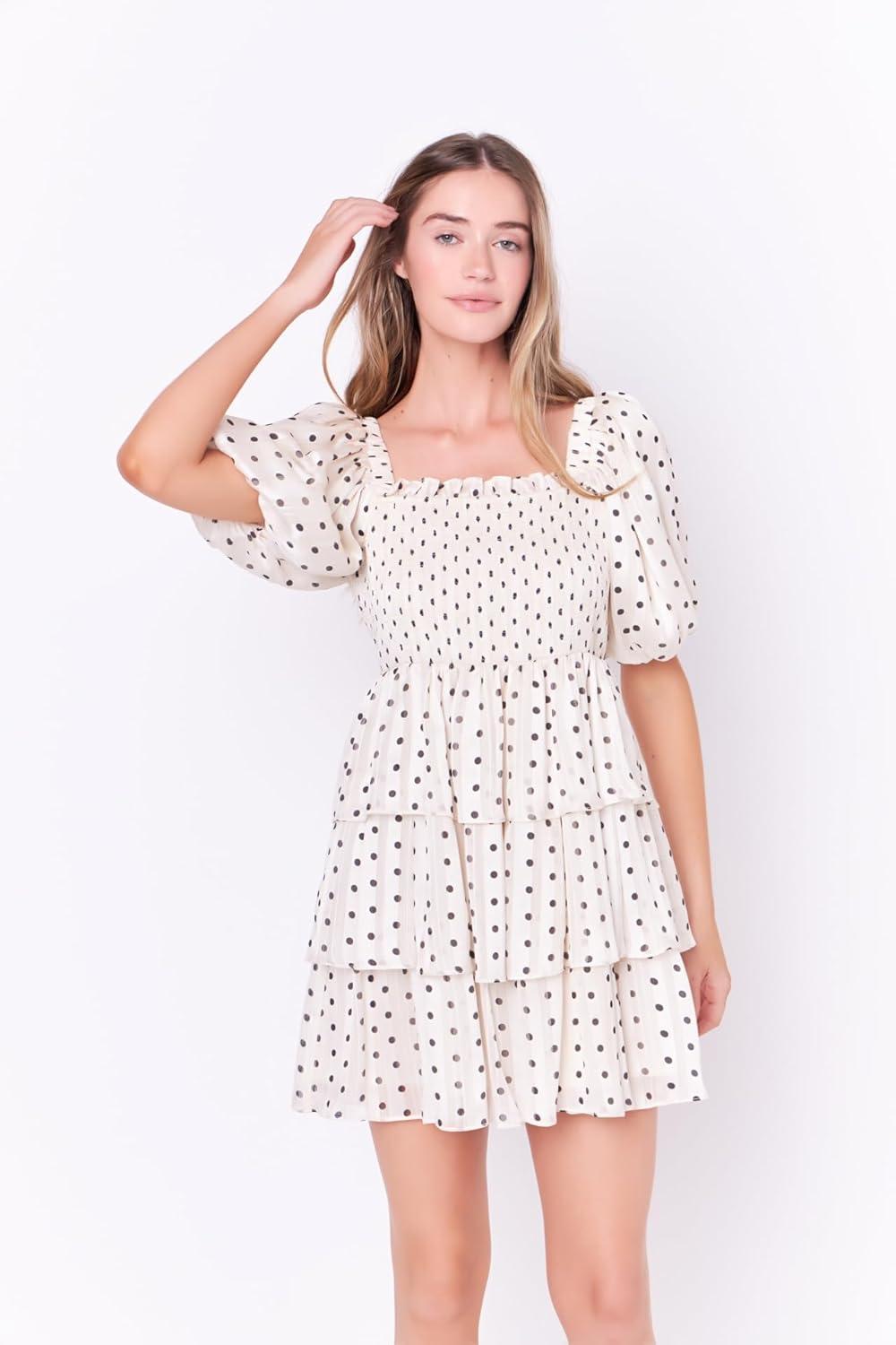 image:imageEnglish Factory Womens Polka Dot Lurex Multi Tiered Mini Dress Cream M
