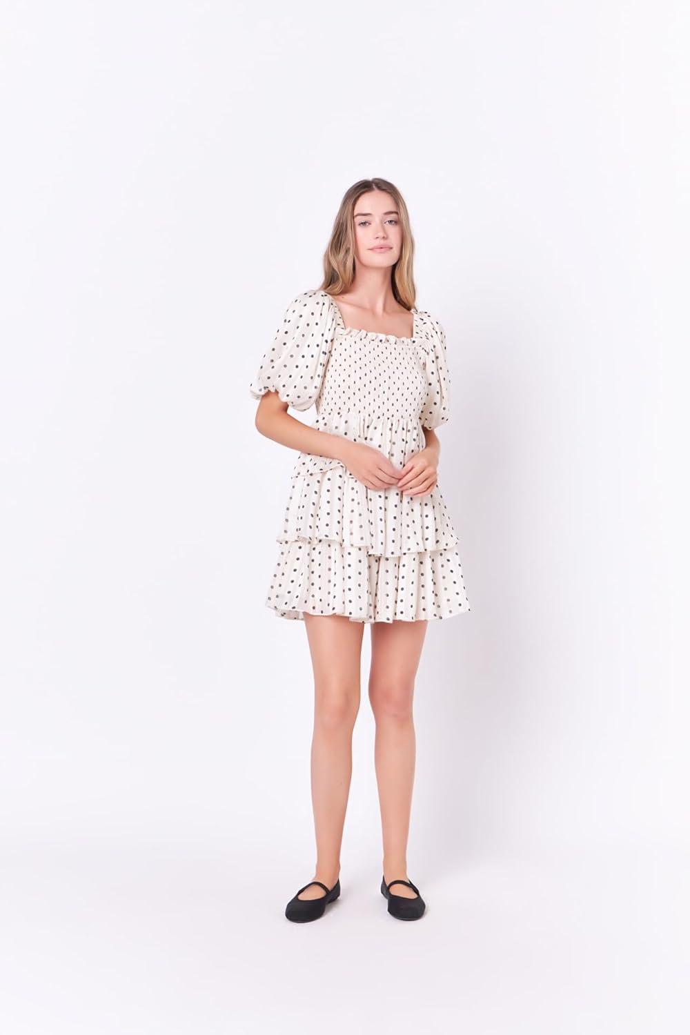 image:imageEnglish Factory Womens Polka Dot Lurex Multi Tiered Mini Dress Cream M