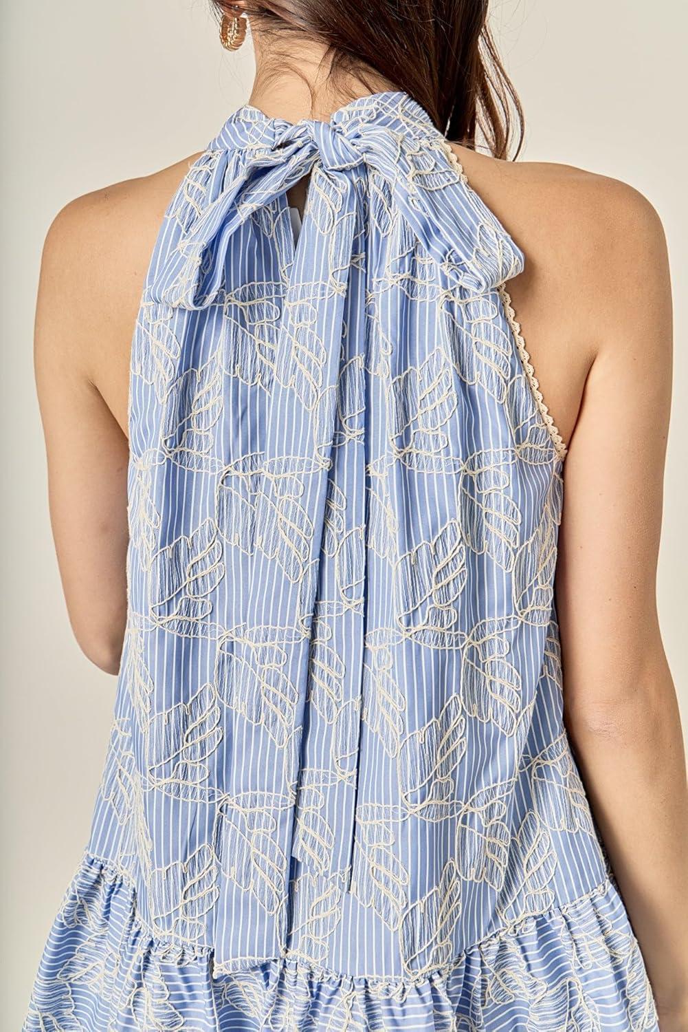 image:imageEnglish Factory Womens Stripe with Embroidered Halter Mini DressBlue Stripe