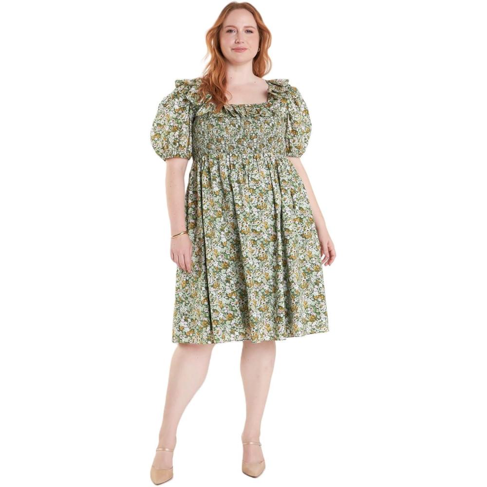 image:imageEnglish Factory Floral Print Smocked Puff Sleeve Mini Dress Green Multi 3X