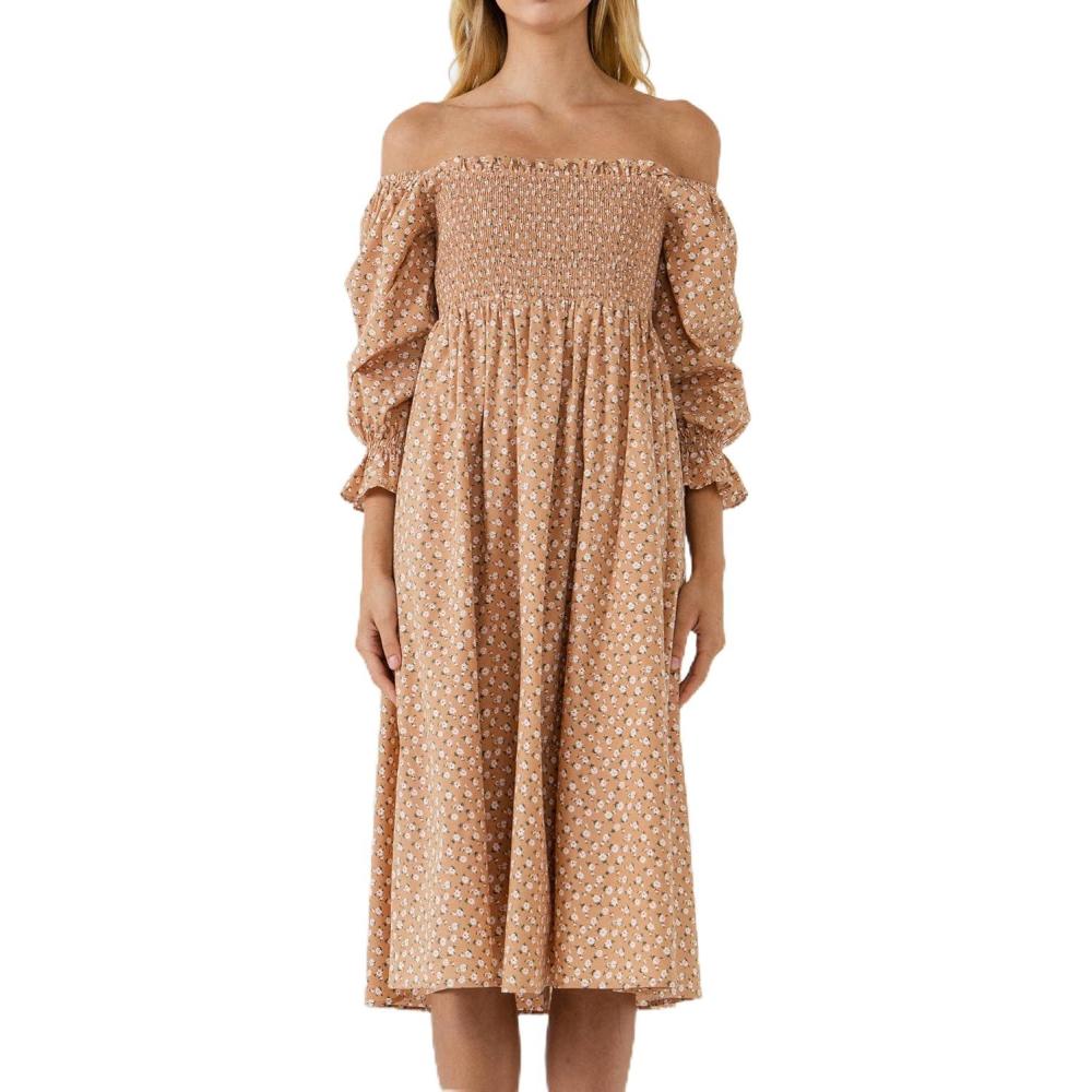 image:imageEnglish Factory Womens Floral Smocked Midi Dress Tan Multicolored XS