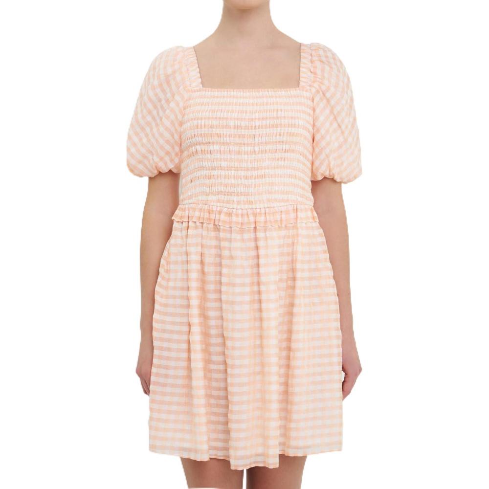 image:imageEnglish Factory Womens Plaid Smocked Mini Dress WhiteCoral XS