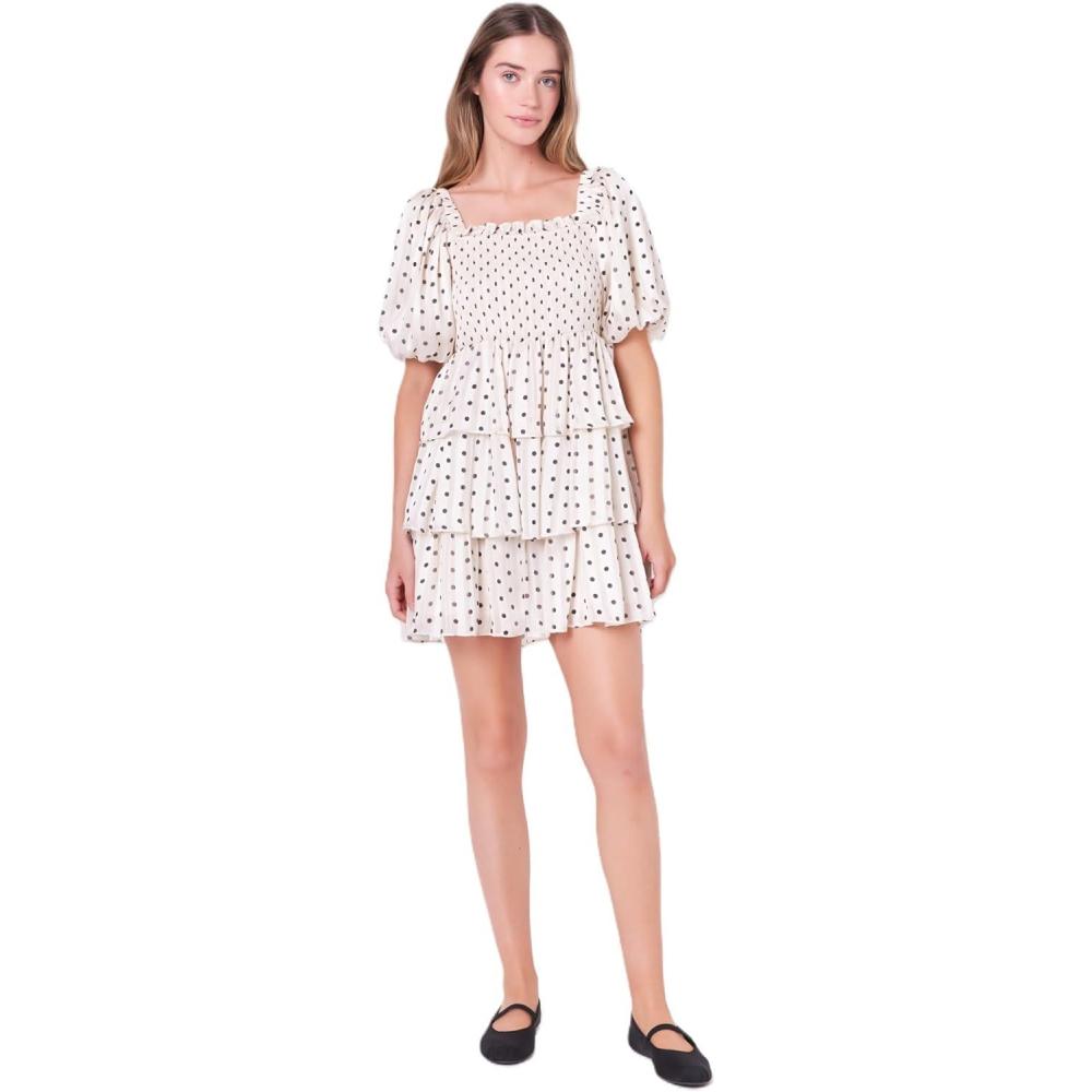 image:imageEnglish Factory Womens Polka Dot Lurex Multi Tiered Mini Dress Cream XS