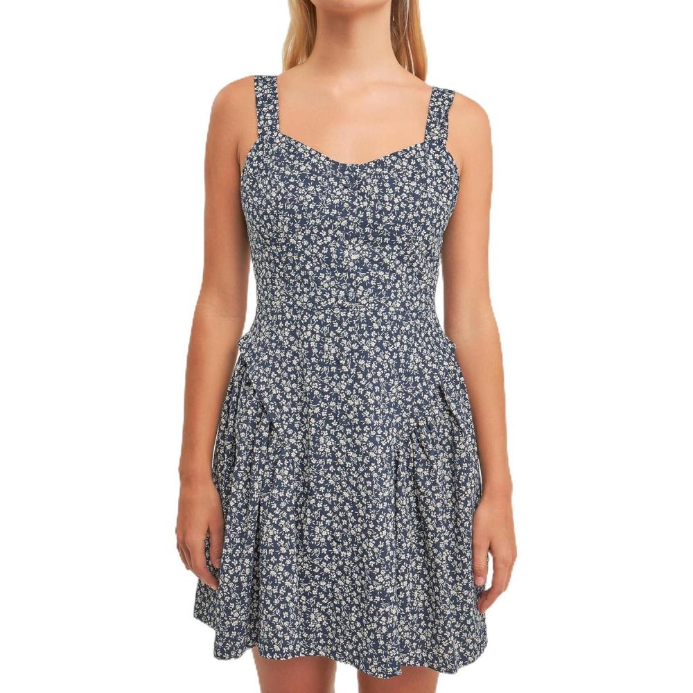 image:imageEnglish Factory Womens Printed Linen Bustier Mini Dress Navy M