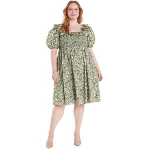 English Factory Floral Print Smocked Puff Sleeve Mini Dress, Green Multi, 1X