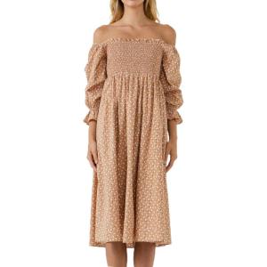 English Factory Women’s Floral Smocked Midi Dress, Tan Multicolored, XS