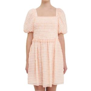 English Factory Women’s Plaid Smocked Mini Dress, White/Coral, S