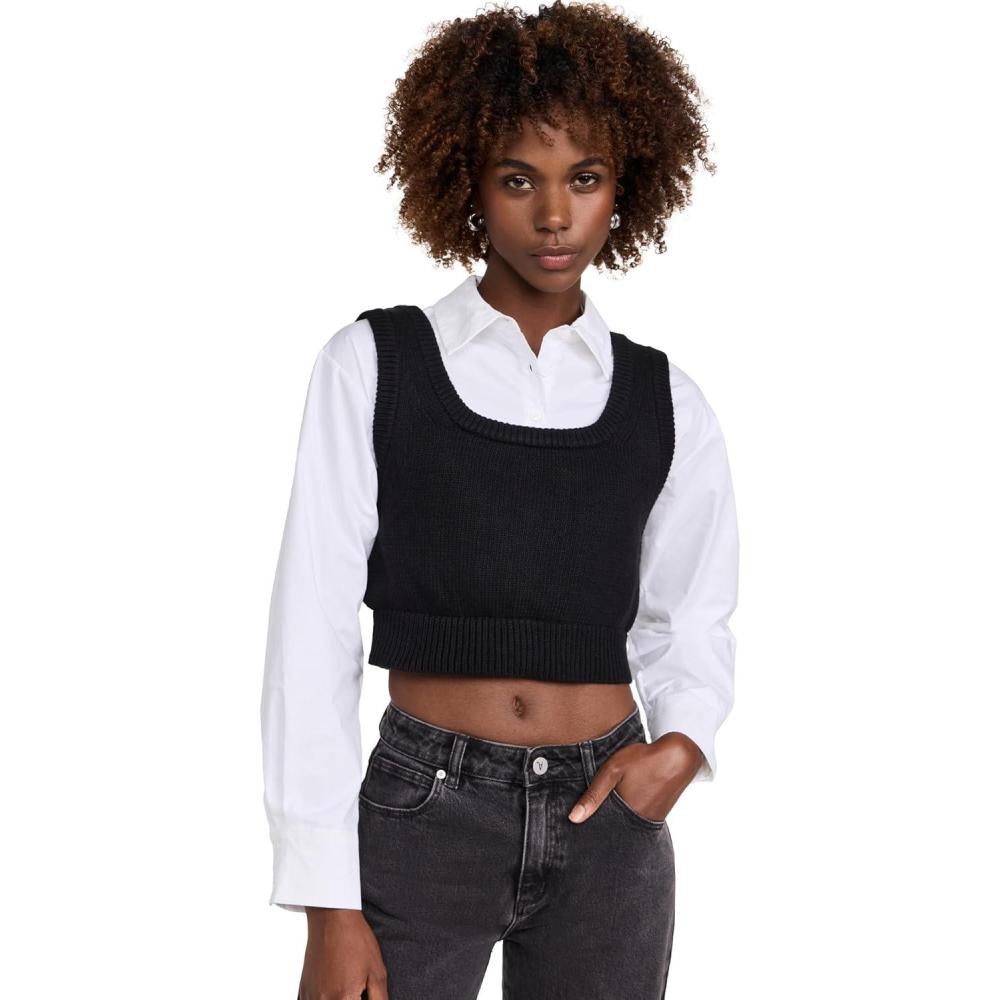 image:imageEnglish Factory Womens Cropped Knit Top Over ShirtWhiteBlack