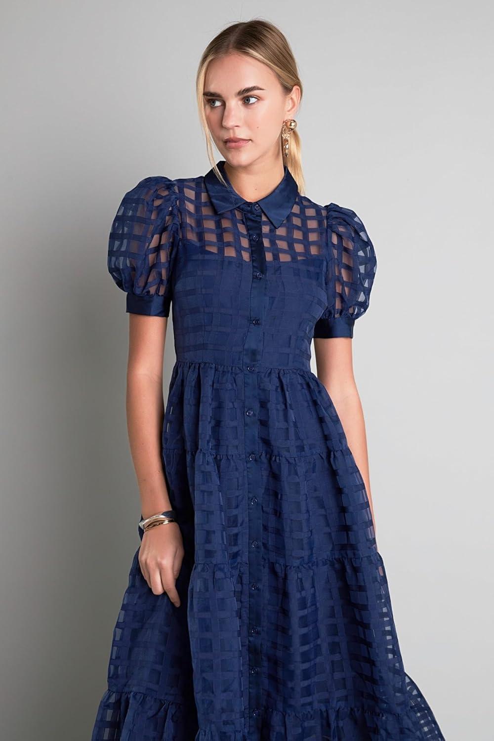 image:imageEnglish Factory Womens Collar Neckline Gridded Organza Tiered Short Puff Sleeve Buttoned ALine Maxi Dress Navy XL