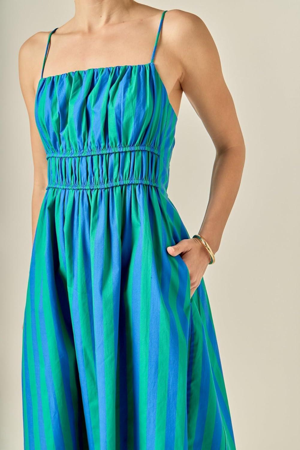 image:imageEnglish Factory Womens Stripe Sleeveless Maxi DressBlueGreen