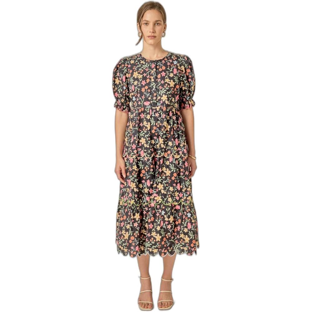 image:imageEnglish Factory Womens Floral Multi Contrast Scallop Edge Midi DressBlack
