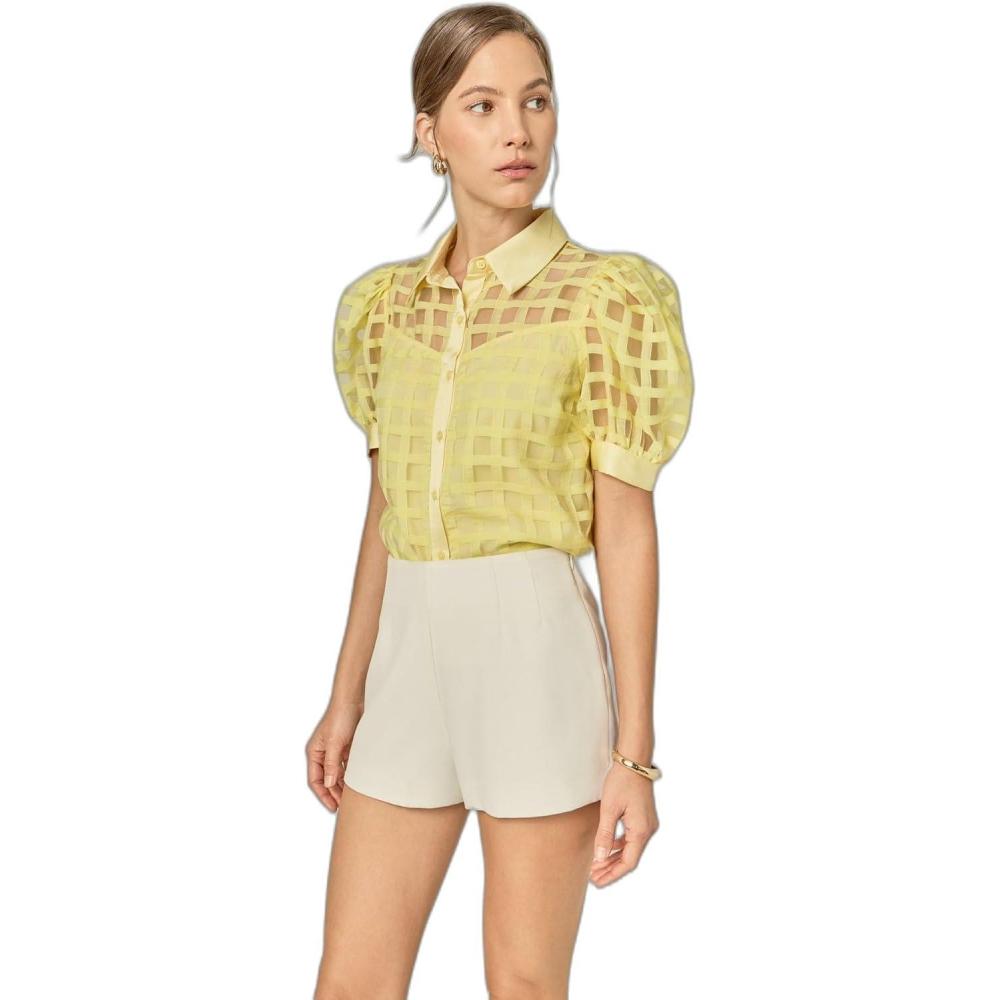 image:imageEnglish Factory Womens Short Sleeve Organza Grid BlouseLight Yellow