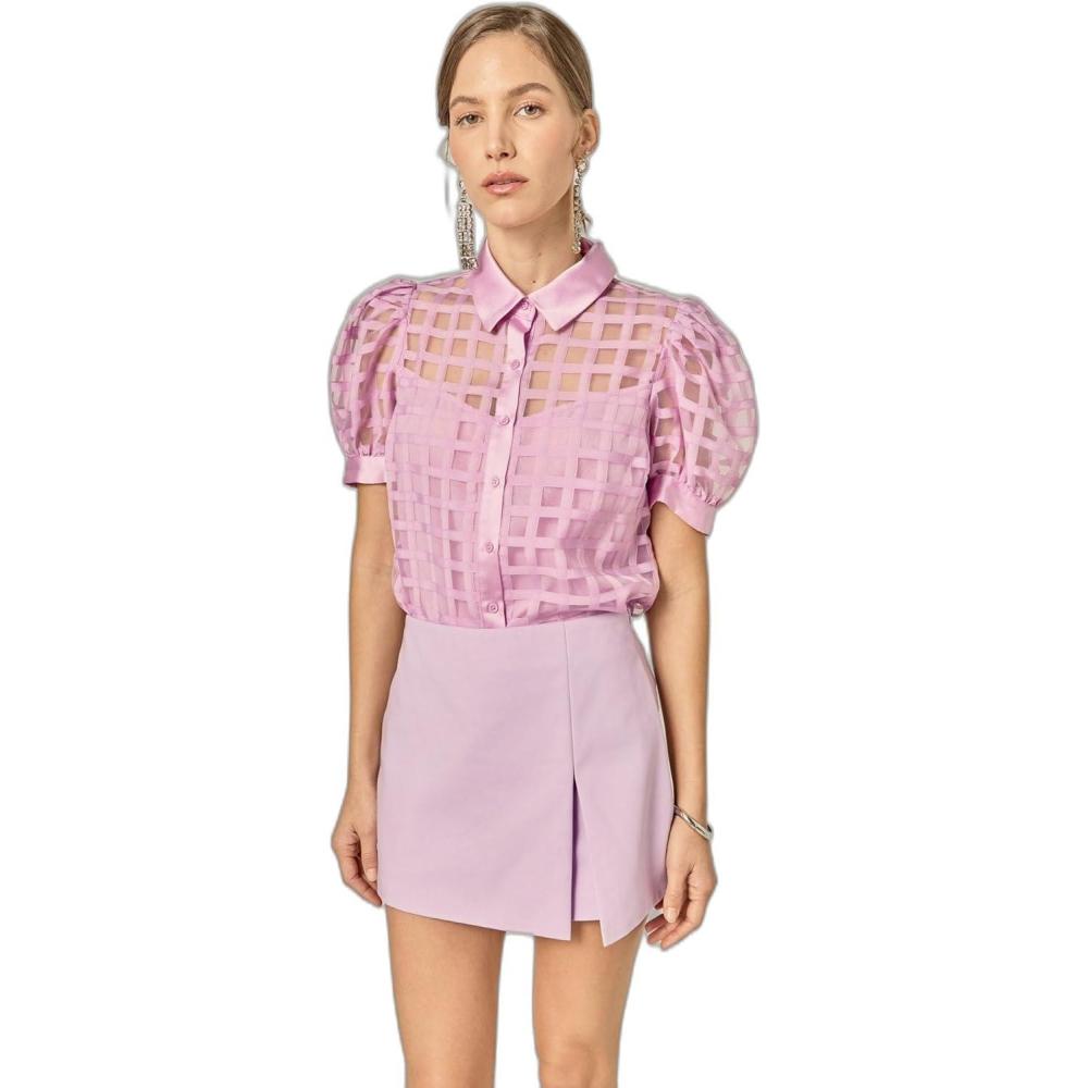 image:imageEnglish Factory Womens Short Sleeve Organza Grid BlouseLilac