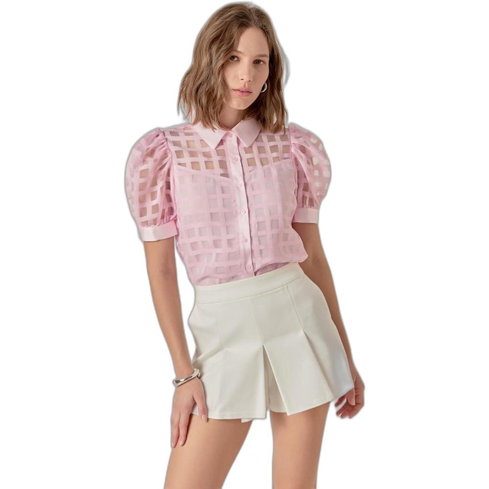 image:imageEnglish Factory Womens Short Sleeve Organza Grid BlousePink