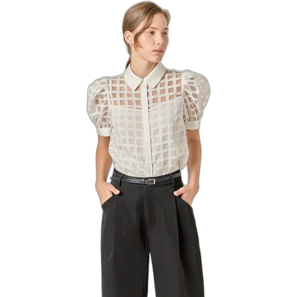 image:imageEnglish Factory Womens Short Sleeve Organza Grid BlouseWhite