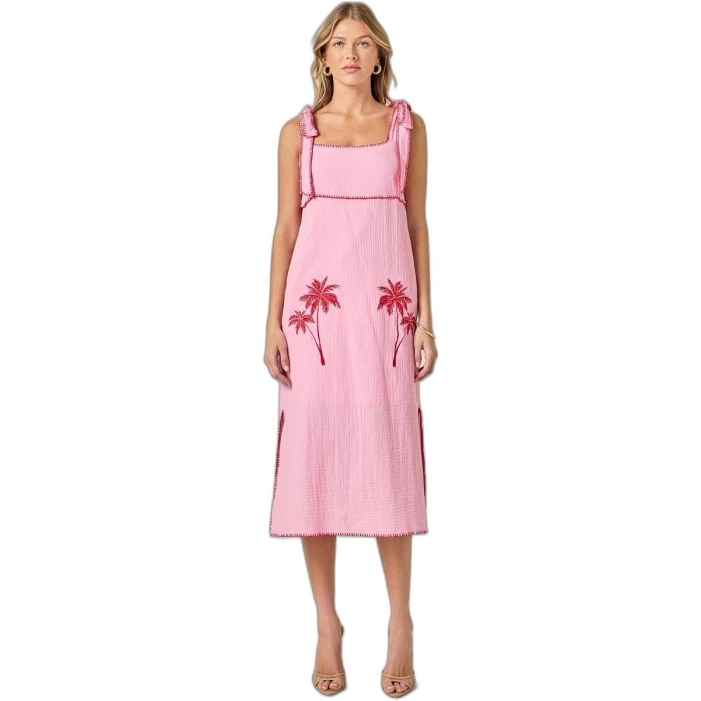 image:imageEnglish Factory Womens The Aria Tropical Embroidered Midi DressPinkRed
