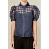 English Factory Women’s Short Sleeve Organza Grid Blouse(Dark Navy)