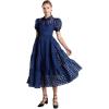 English Factory Women’s Collar Neckline Gridded Organza Tiered Short Puff Sleeve Buttoned A-Line Maxi Dress, Navy, XL