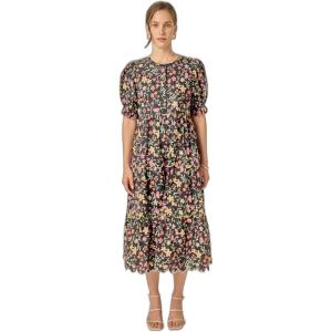 English Factory Women’s Floral Multi Contrast Scallop Edge Midi Dress(Black)
