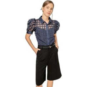English Factory Women’s Short Sleeve Organza Grid Blouse(Dark Navy)