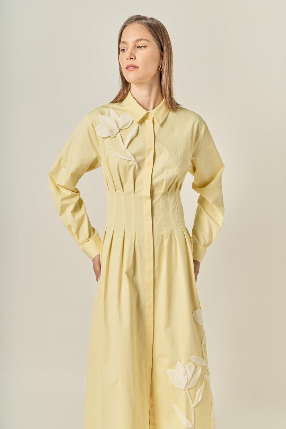 image:imageEnglish Factory Womens Appliqued Striped Shirt DressButter Yellow