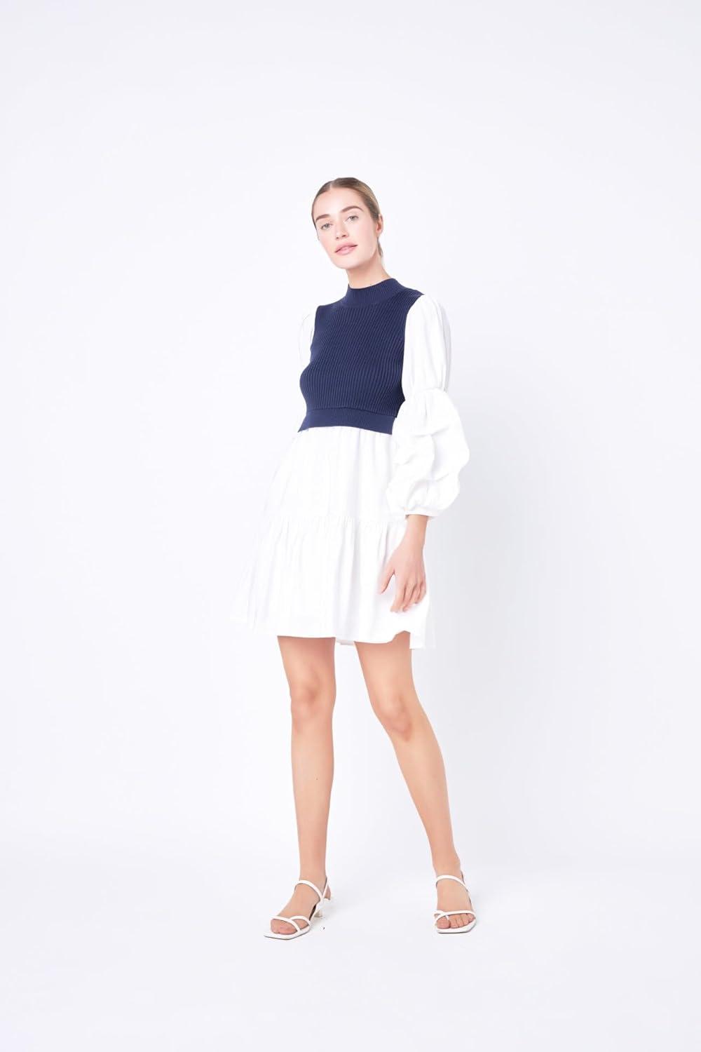 image:imageEnglish Factory Womens Mixed Media Mini Dress NavyWhite L