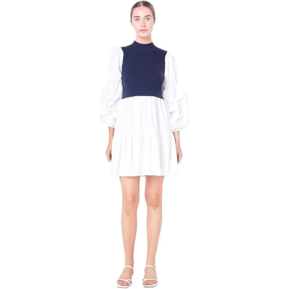 image:imageEnglish Factory Womens Mixed Media Mini Dress NavyWhite L