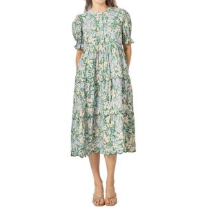 English Factory Women’s Floral Contrast Scallop Edge Midi Dress(Blue)