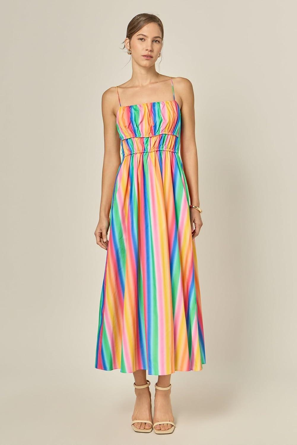 image:imageEnglish Factory Womens Rainbow Stripe Sleeveless Maxi DressMulti