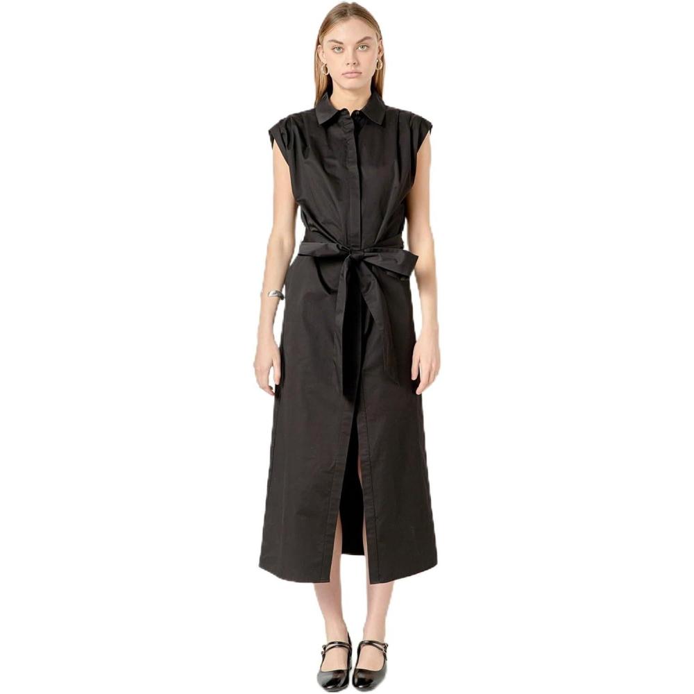image:imageEnglish Factory Womens Sable Shoulder Pleated ButtonUp DressBlack
