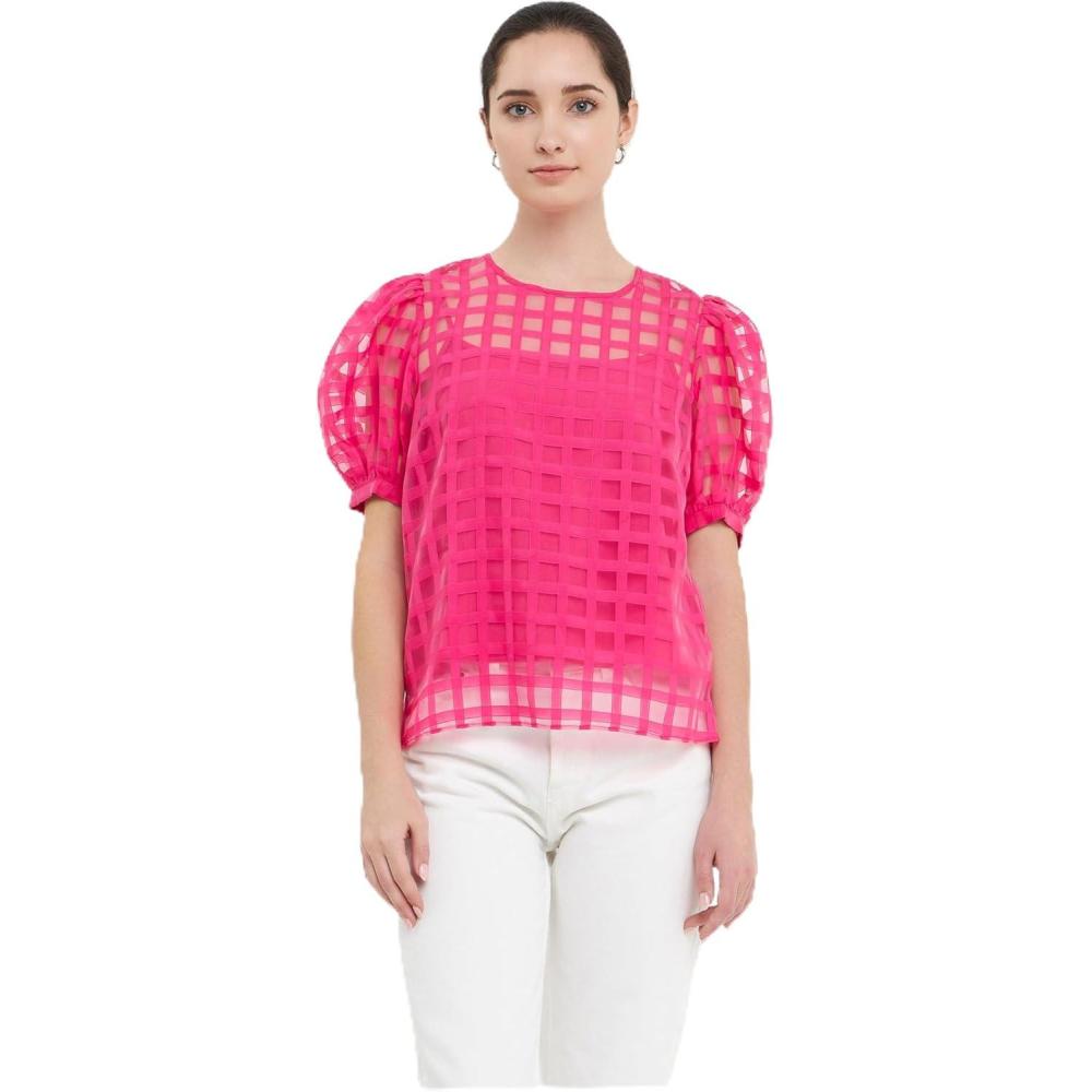 image:imageEnglish Factory Womens Plaid Sheer Puff Sleeve Top Fuchsia XS