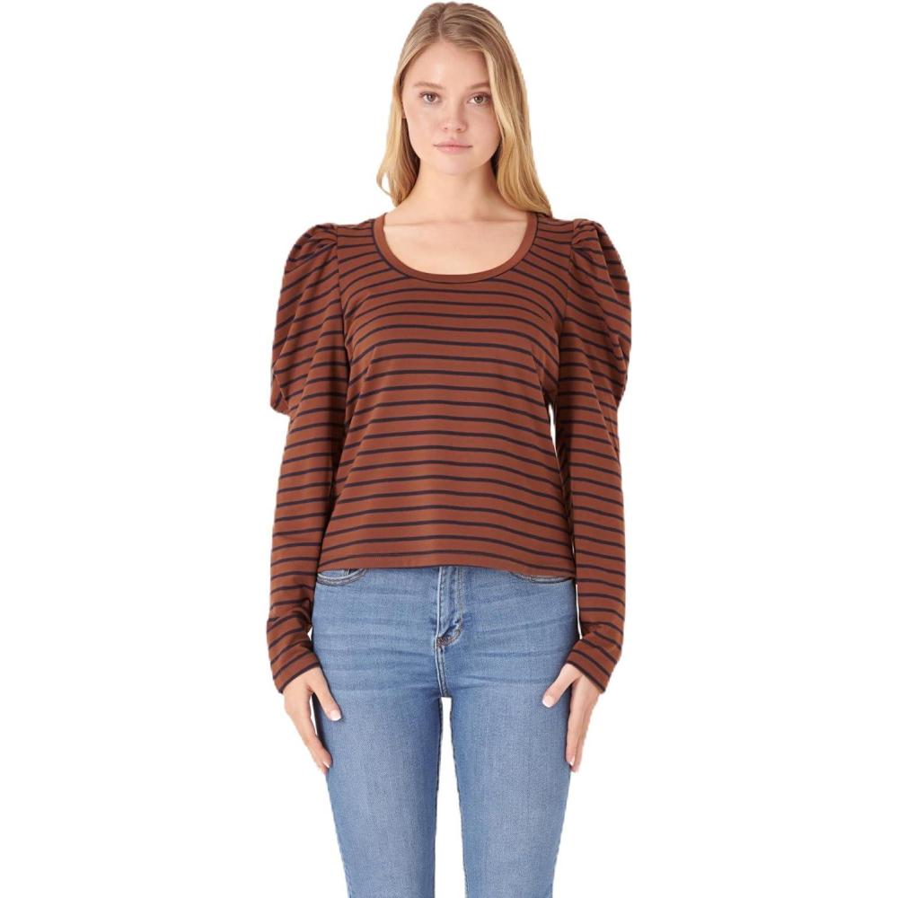 image:imageEnglish Factory Womens Puff Sleeve Knit Top BrownNavy L