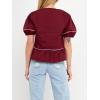 English Factory Women’s Piping Detail Top with Short Puff Sleeves, Burgundy, M
