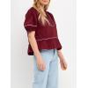 English Factory Women’s Piping Detail Top with Short Puff Sleeves, Burgundy, M