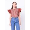 English Factory Women’s Stripe Knit with Poplin Puff Sleeve Top, XS, Brown/White, X-Small