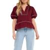 English Factory Women’s Piping Detail Top with Short Puff Sleeves, Burgundy, M