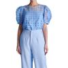 English Factory Women’s Plaid Sheer Puff Sleeve Top, Blue, M