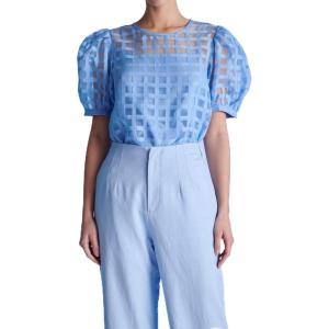 English Factory Women’s Plaid Sheer Puff Sleeve Top, Blue, M