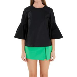 English Factory Women’s Ruffled Cotton Blend Top, S, Black, Small