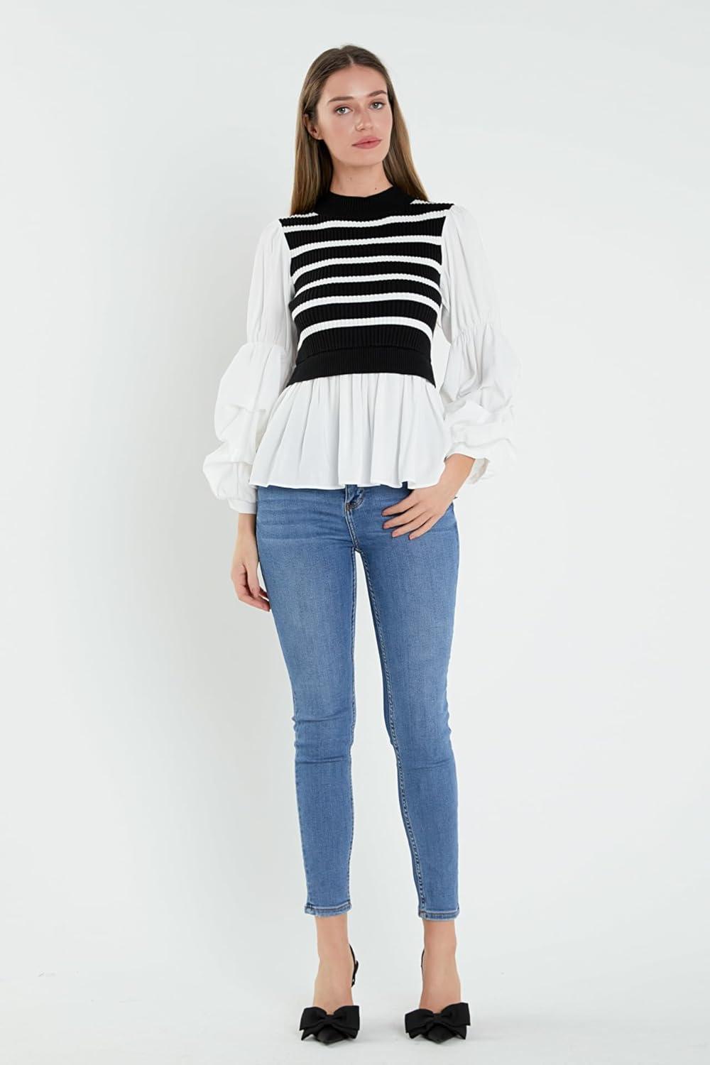 image:imageEnglish Factory Womens Mixed Media Top Black Stripe XL