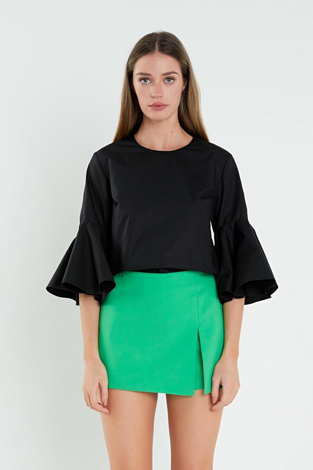 image:imageEnglish Factory Womens Ruffled Cotton Blend Top XS Black XSmall