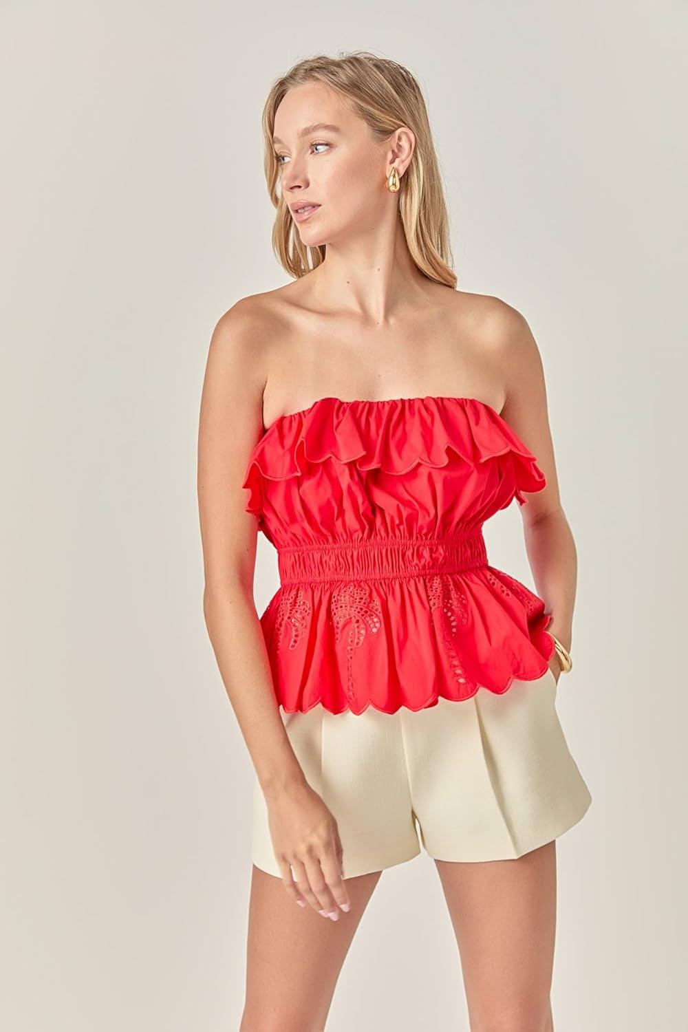 image:imageEnglish Factory Womens Sweet Scallop Strapless TopRed